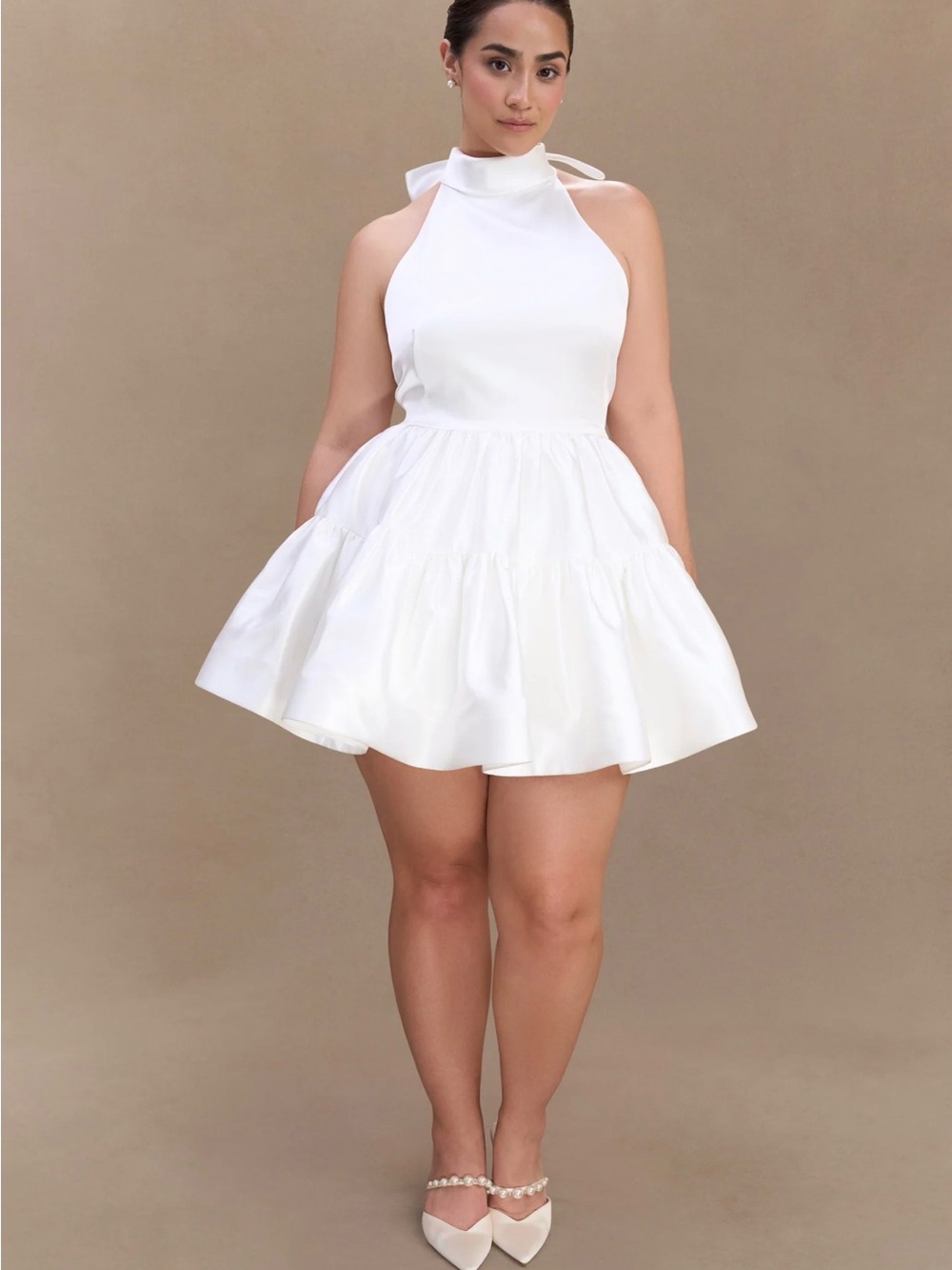 Dorota Satin Backless Halter Top Tiered Mini Dress